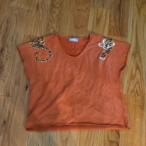Zara Orange Short Sleeve Top with Sequin Leopard Accents